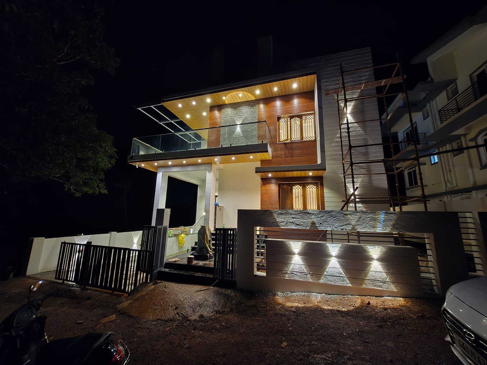 Completed residence by Sanved Constructions, lit at night